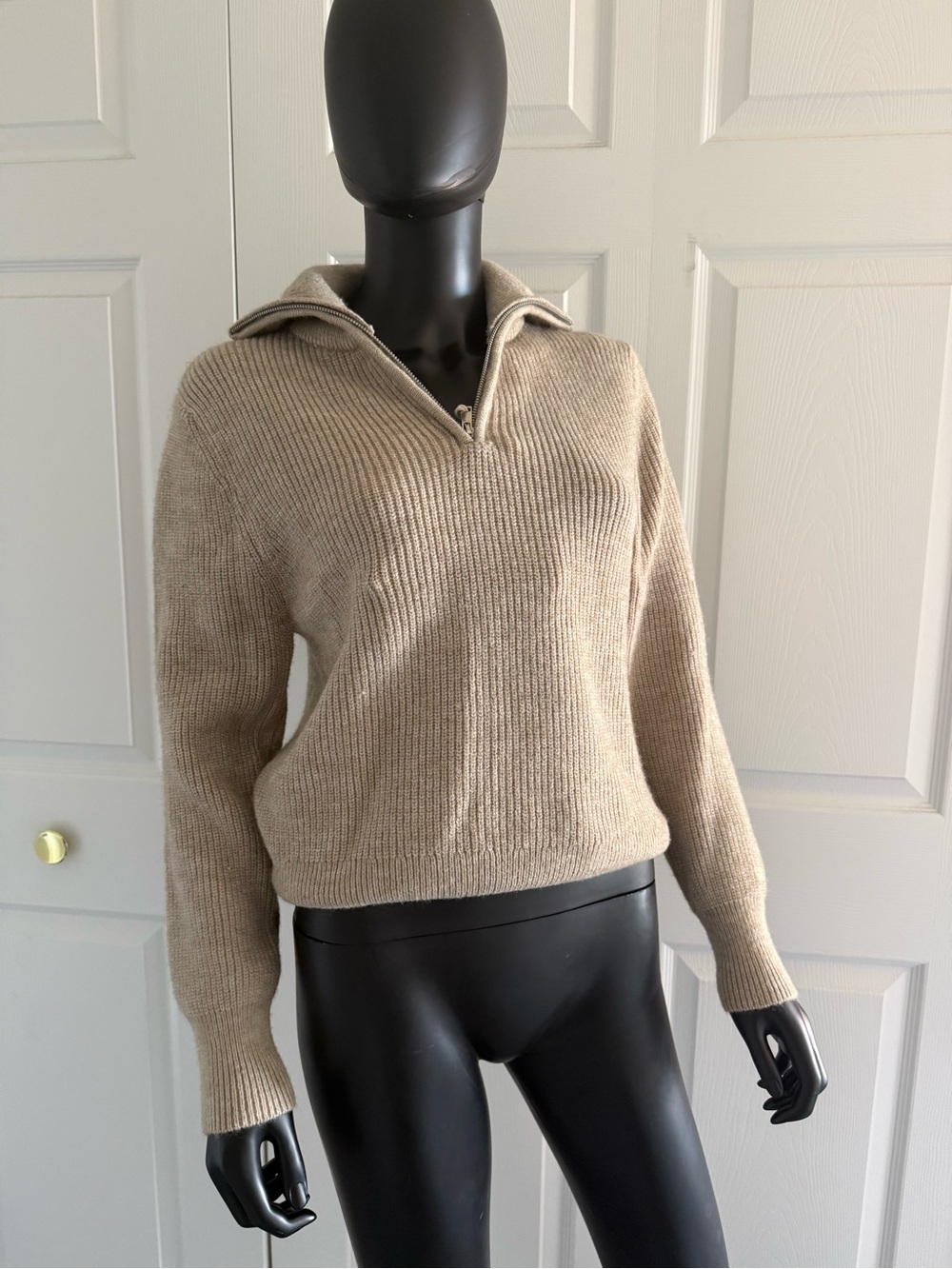Women's Beige Half-Zip Ribbed Turtleneck Sweater